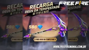 Recarga Free Fire: 17 de janeiro (2023); diamantes por Foice Deus da Tempestade — Free Fire