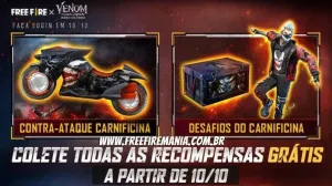 Recompensas da parceria Free Fire e Venom serão gratuitas, com pico em 16 de Outubro — Free Fire