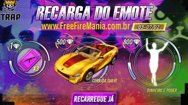 Nova Recarga de Diamantes com Emote e Skin de Carro Esportivo no Free Fire