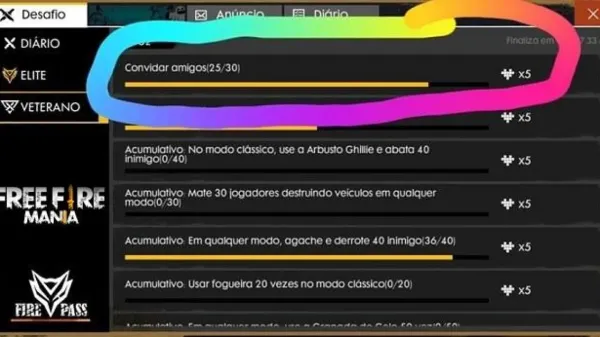 Como completar a missão Convidar Amigos no Passe de Elite 6 - Desordem 8 Bits em Free Fire