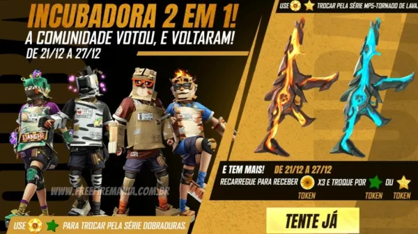 Notícia Free Fire: Free Fire: Incubadoras Dobraduras e MP5 Tornado de Lava estão de volta ao jogo