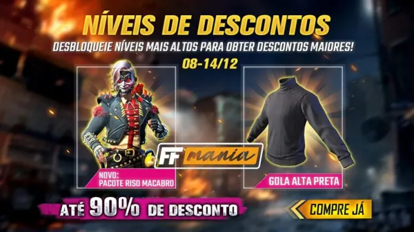 Free Fire: inédito pacote Riso Macabro e Gola Alta Preta no Níveis de Descontos
