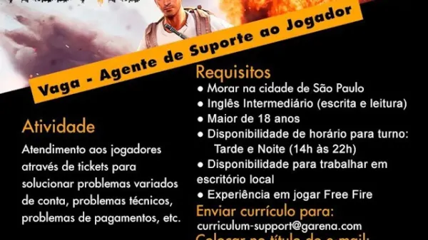 Garena BR Abre Vagas de Suporte ao Jogador para Free Fire