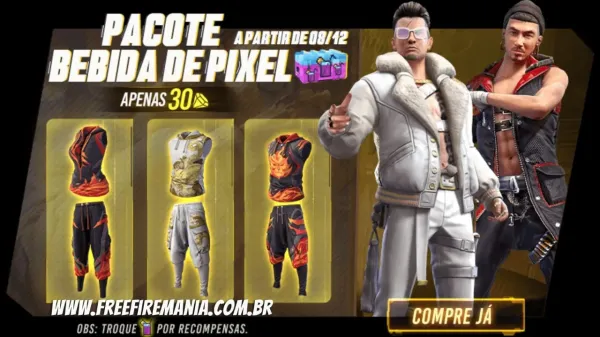 Pacote Bebida de Pixel chega ao Free Fire; Conjuntos Ira do Dragão e Rebelde Urbano disponível