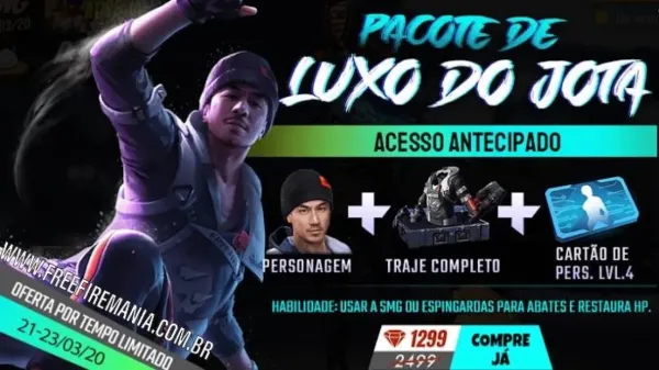 Pacote de Luxo do Jota disponível na loja do Free Fire no Brasil