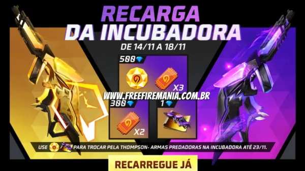 Notícia Free Fire: Recarga Free Fire: 14 de novembro (2022); diamantes por Thompson Armas Predadoras