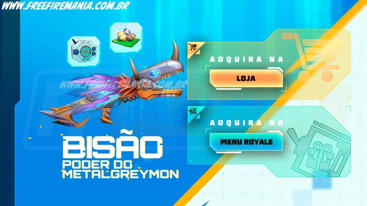 Free Fire: como conseguir Bizon - Poder do MetalGreymon, Mochila - Gigivice , Caixa Loot - DigiOvo no Token Royale
