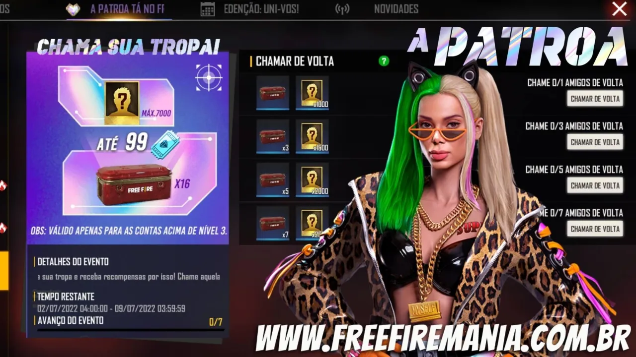 Chamar de Volta Free Fire julho 2022: convide amigos e ganhe recompensas no jogo