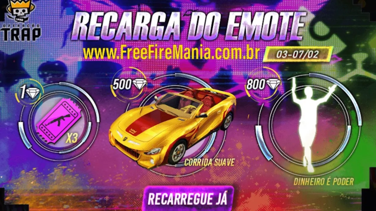 Nova Recarga de Diamantes com Emote e Skin de Carro Esportivo no Free Fire