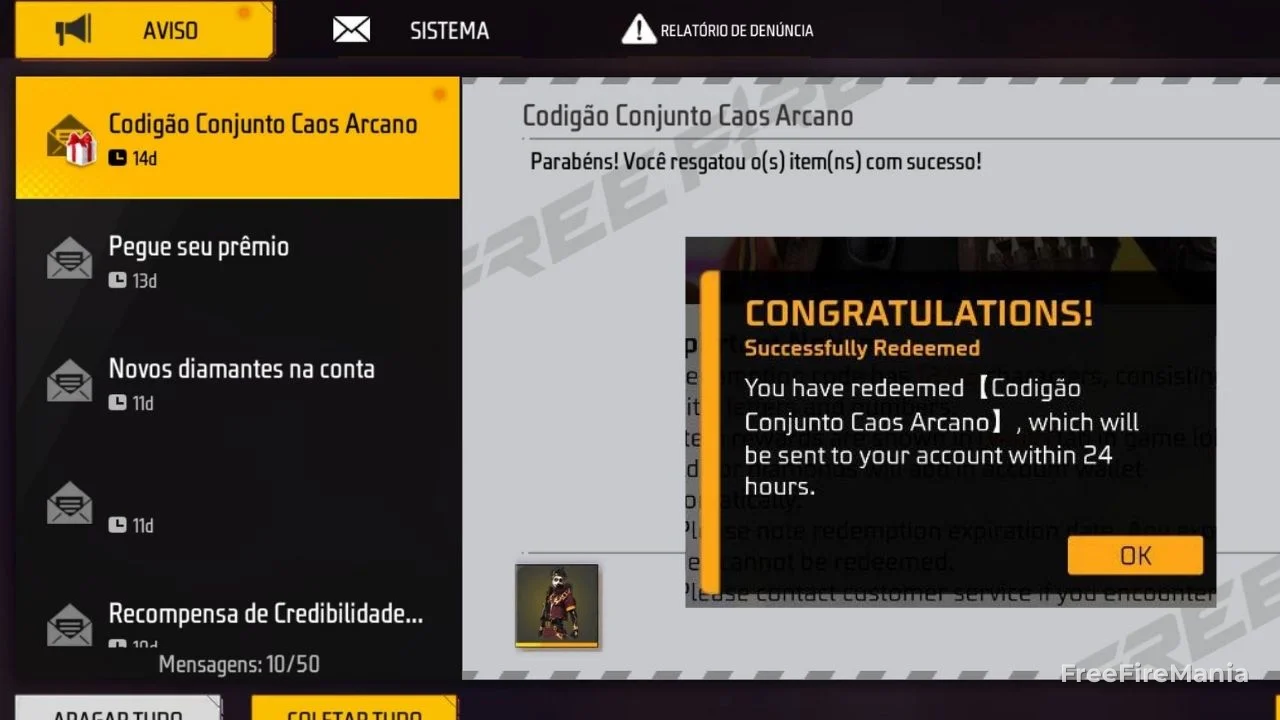 Codigão Free Fire libera Conjunto Caos Arcano para 1.000 jogadores