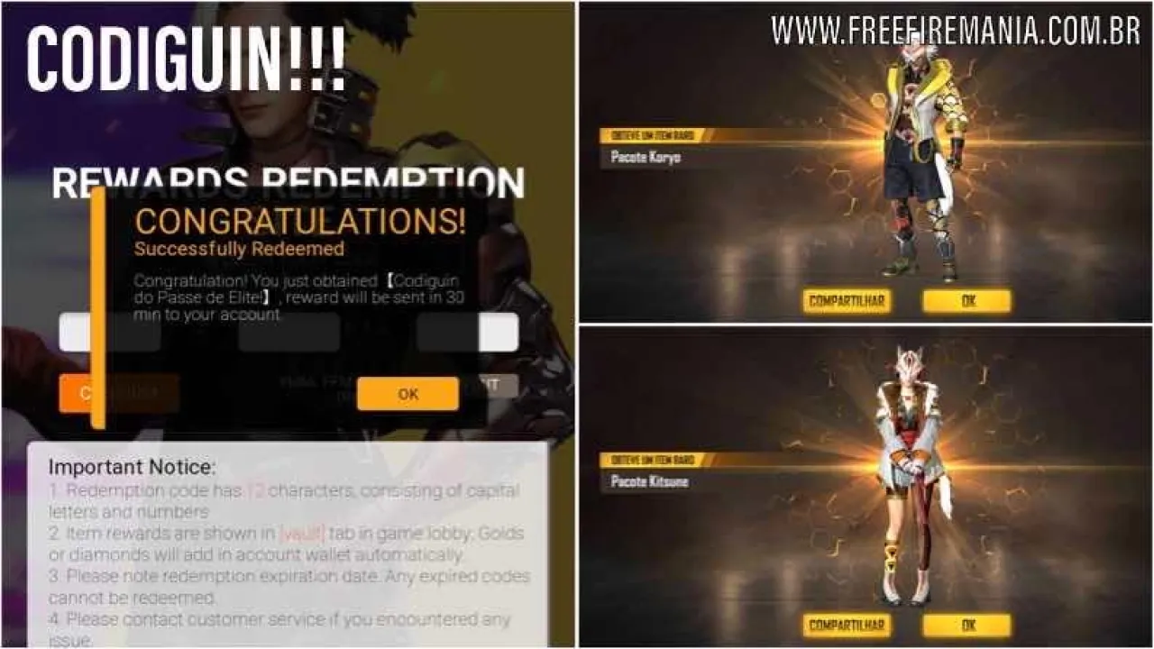 Códigos e Codiguin do Passe de Elite de Junho no Free Fire