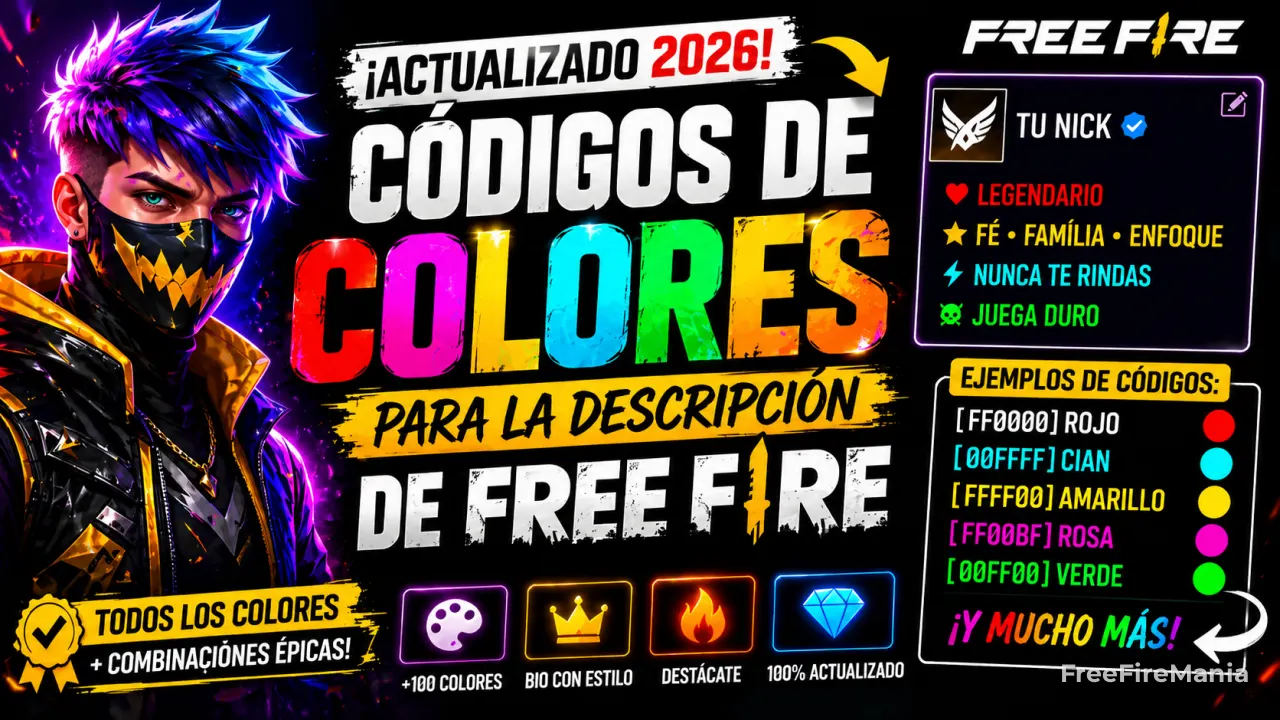 Códigos para descripción Free Fire: colores, letras coloridas y frases personalizadas para copiar en 2026