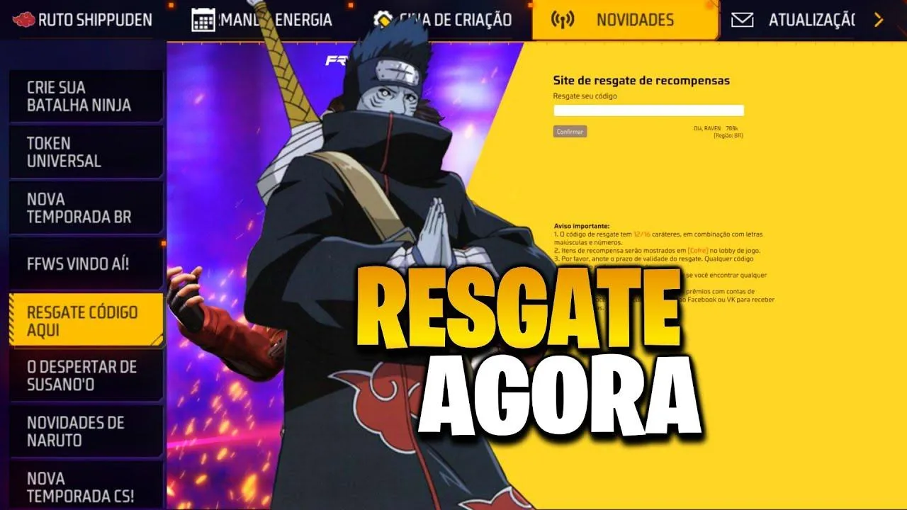 CODIGUIN FF Infinito: Codigão Naruto liberado; Resgate já!