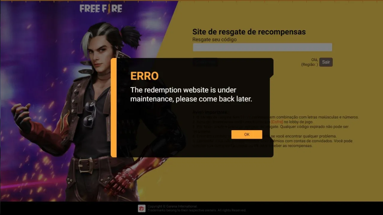 CODIGUIN FF: site Rewards para resgatar códigos está fora do ar