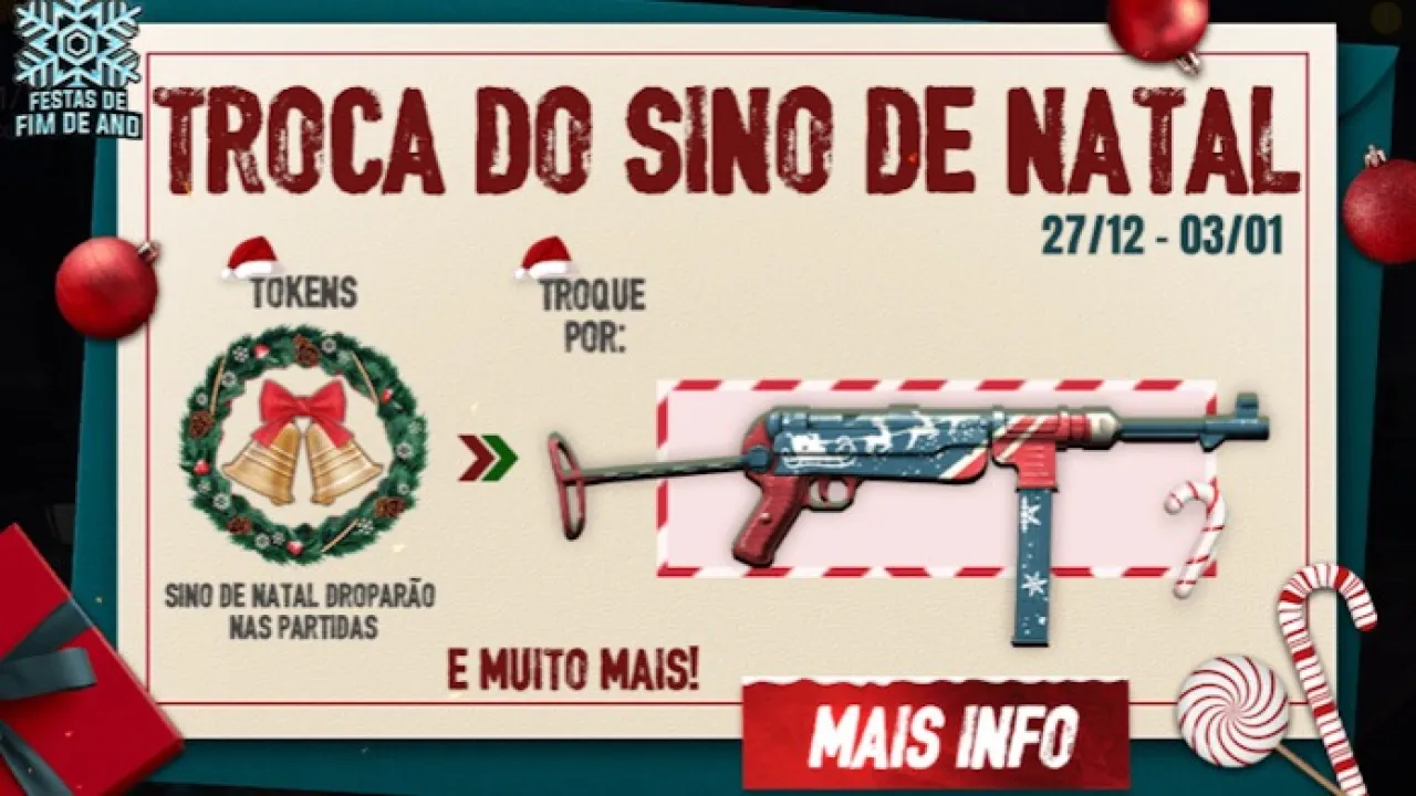 Como Coletar Tokens de Sino de Natal e Trocar pela Skin da MP40 Natalina no Free Fire