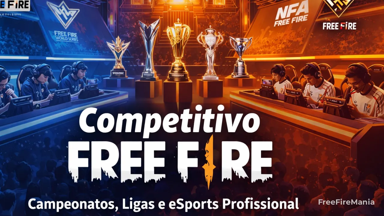 Cenário competitivo de Free Fire com campeonato profissional e equipes no palco
