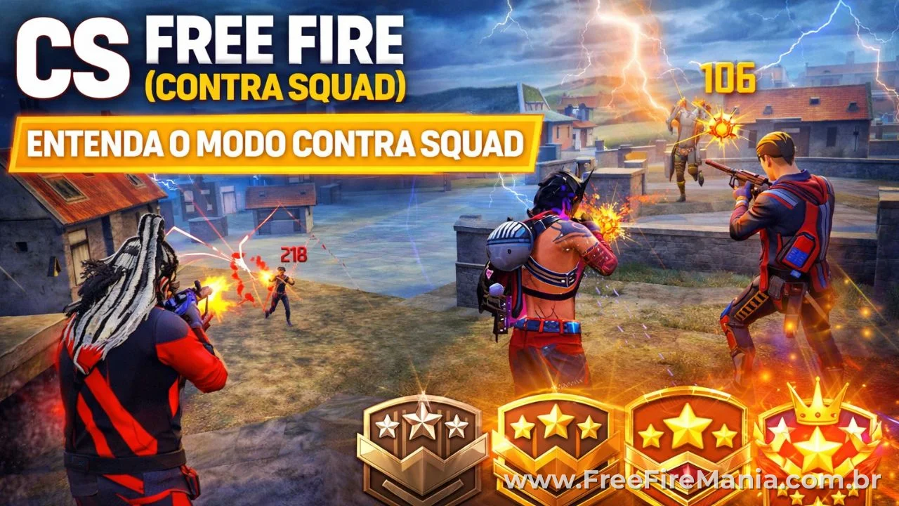 Modo Contra Squad do Free Fire com partidas 4v4 e sistema de compra de armas