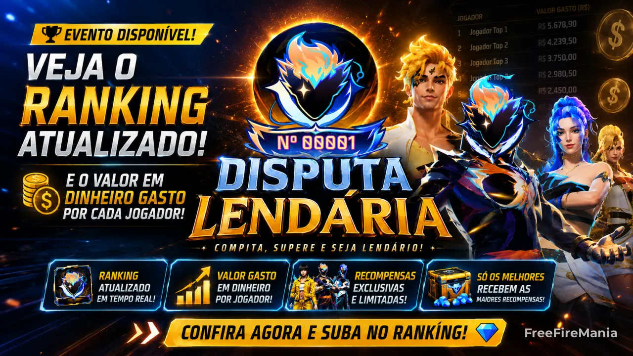 Disputa Lendária Free Fire 2026 — Ranking Top 100 ao vivo com lances em diamantes