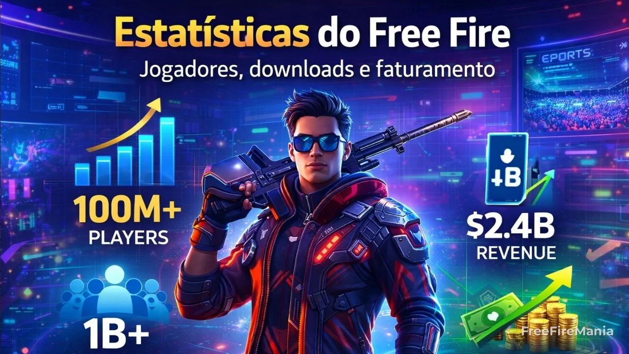 Estatísticas do Free Fire mostrando crescimento de jogadores, downloads e faturamento