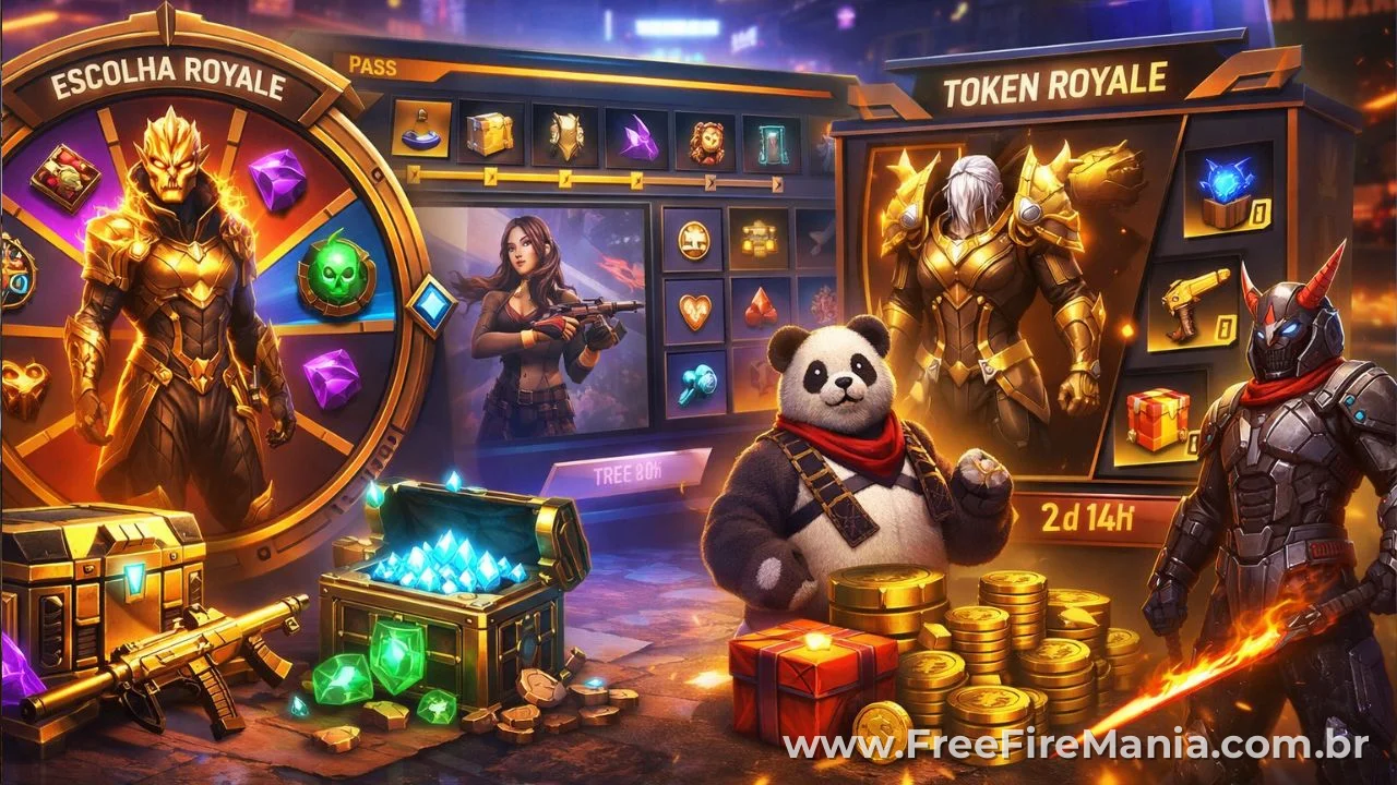 Eventos do Free Fire com recompensas, roletas, tokens e eventos especiais no jogo