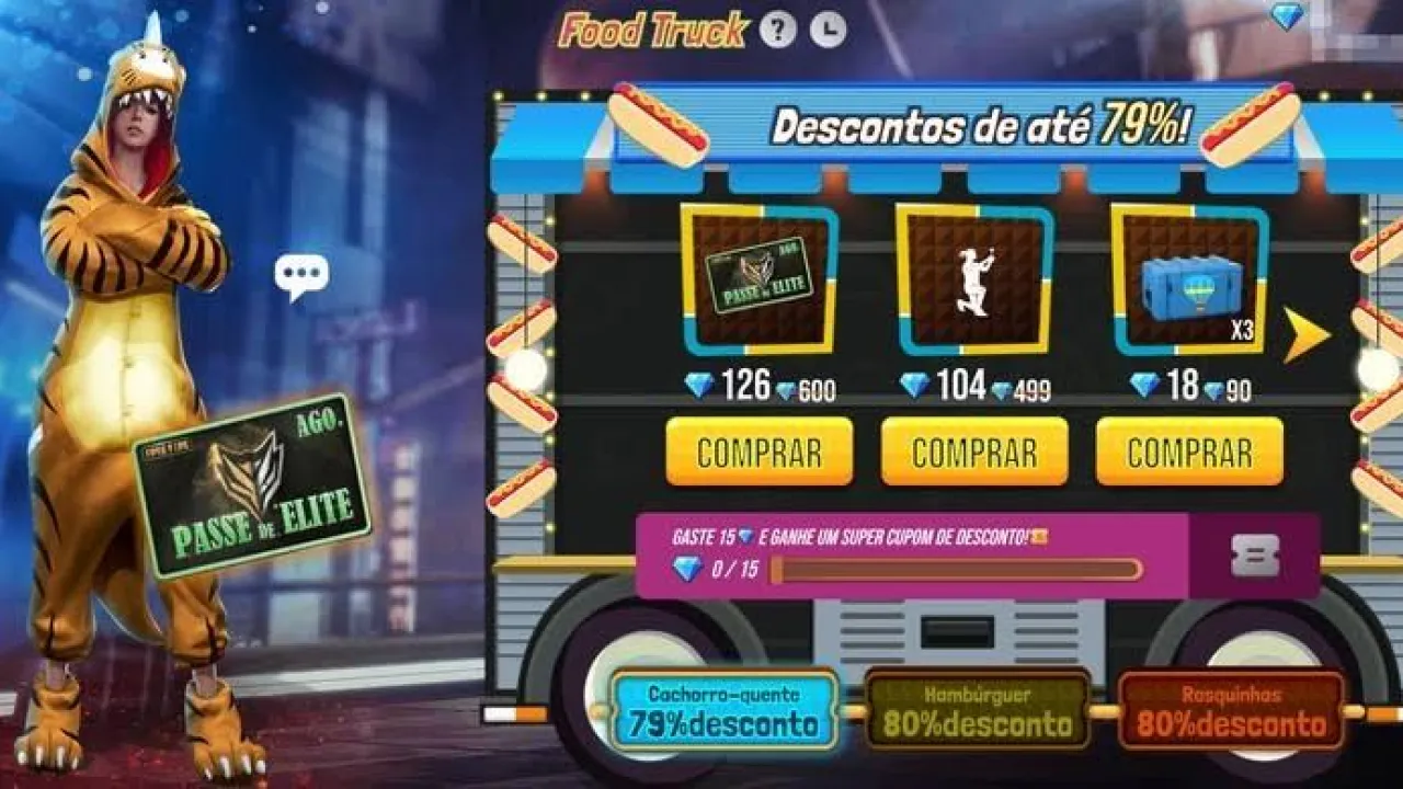 Food Truck Free Fire: Passe de Elite com desconto na próxima quarta-feira e Dino Tigre 