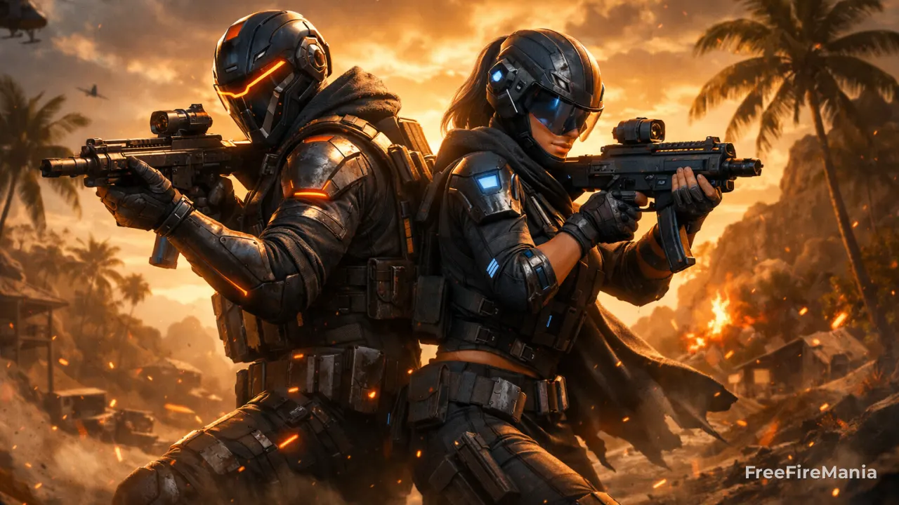 Free Fire 2026: partida no mapa Bermuda com personagens e skins atualizadas da Garena