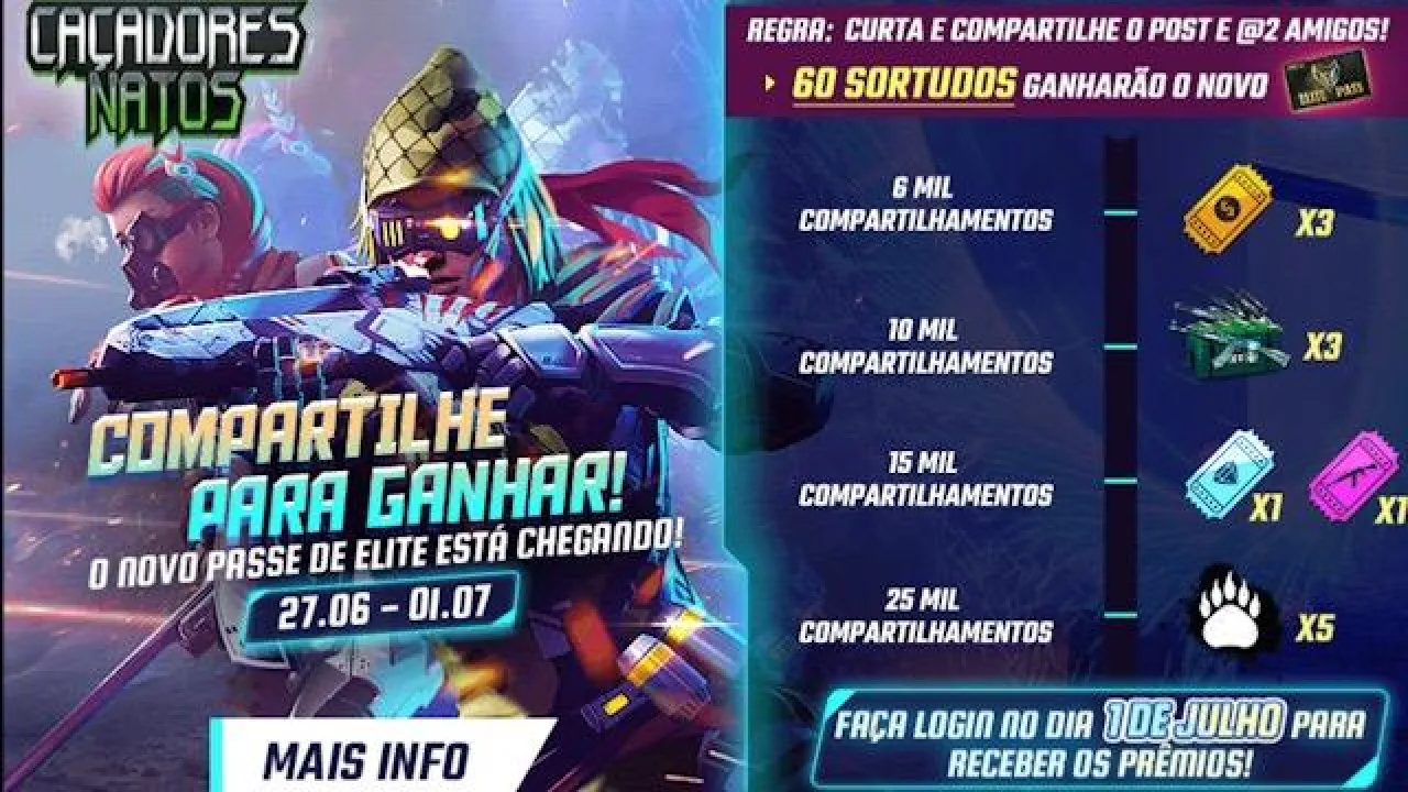 Garena BR anuncia sorteio de 60 Passes de Elite 14 - Caçadores Natos no Free Fire