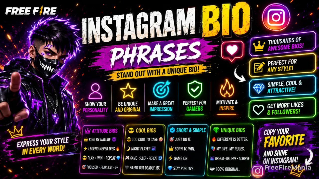Instagram Free Fire Bio ideas with colour codes and symbols