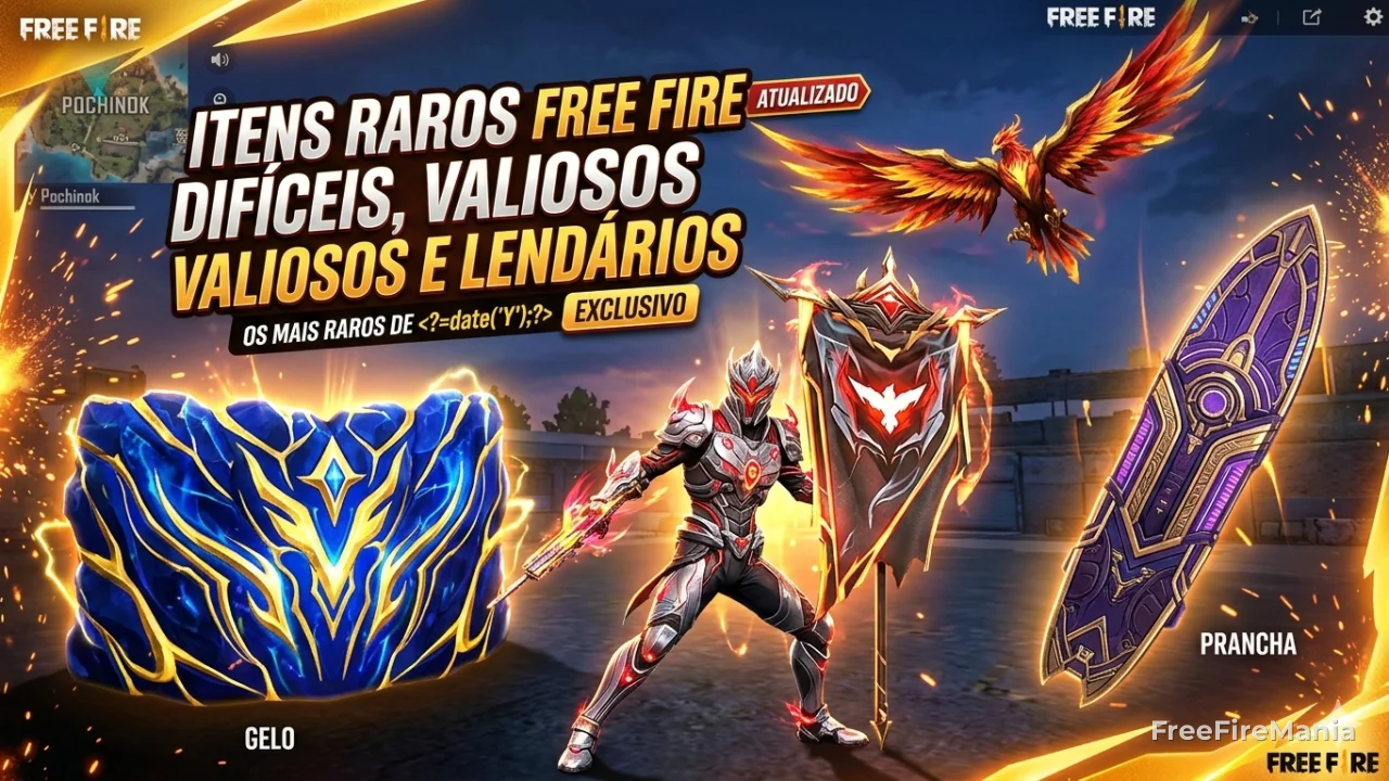 Itens raros do Free Fire exibidos no lobby com skins lendárias