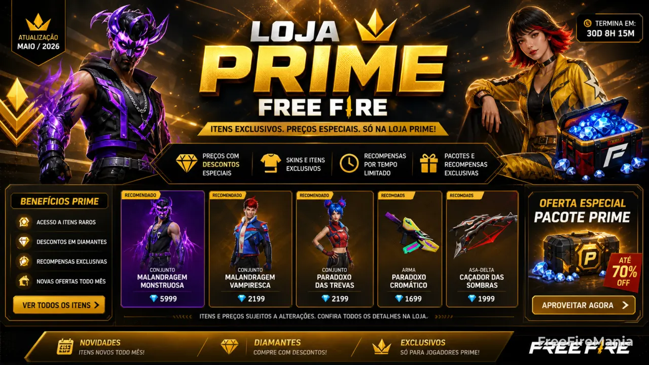 Loja Prime Free Fire Maio 2026: itens, preços e o que vale a pena comprar