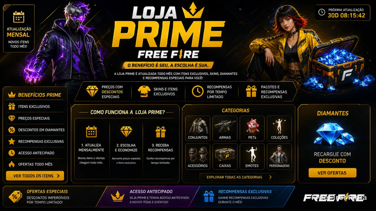 Loja Prime Free Fire de maio de 2026