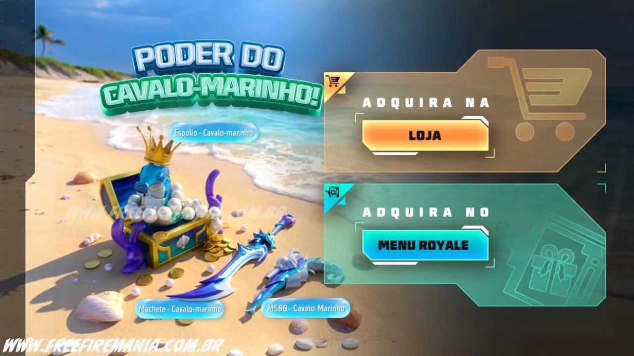 Escolha Royale Free Fire: Como conseguir M500 - Cavalo-Marinho, Machete - Cavalo-Marinho e outros Prêmios