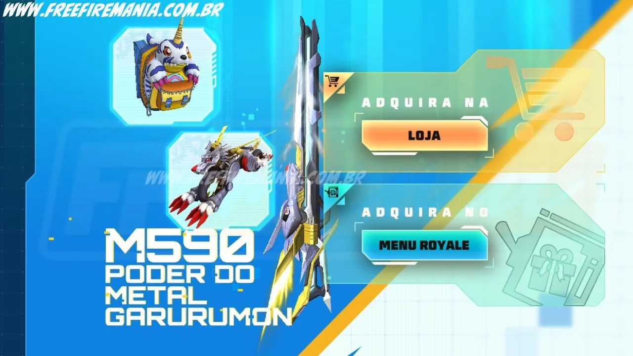 Free Fire: como conseguir M590 - Poder do MetalGarurumon, Mochila - Gabumon e Moto - MetalGarurumon no Token Royale