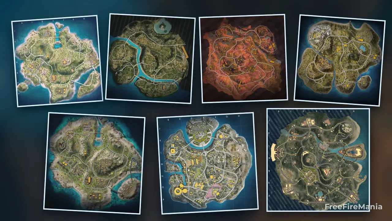 Mapas do Free Fire com ilhas, cidades e zonas de combate do Battle Royale