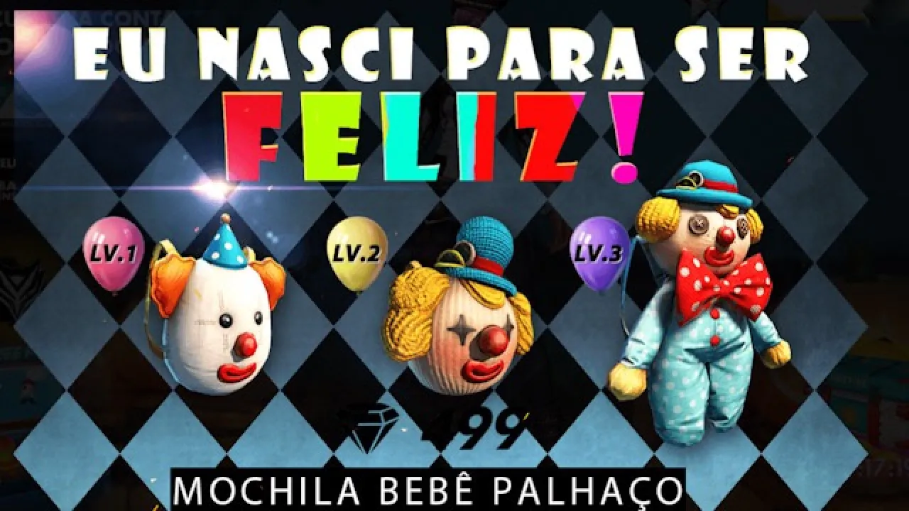 Mochila Bebê Palhaço e Skin de Prancha Noite Estrelada no Free Fire