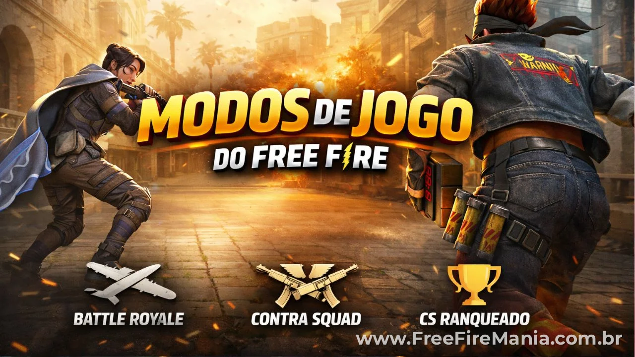 Modos de jogo do Free Fire incluindo Battle Royale e Contra Squad em cenário dinâmico