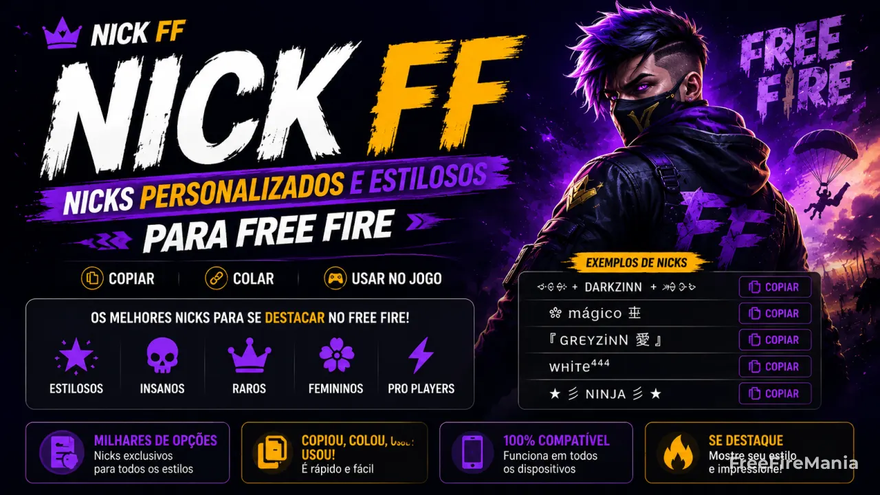 Nick FF — nicks personalizados, estilosos e com símbolos para Free Fire