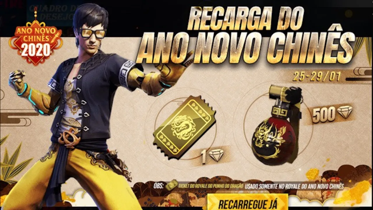Evento de Recarga do Free Fire: Granadas de Gel Dragão Dourado e Sorte Royale