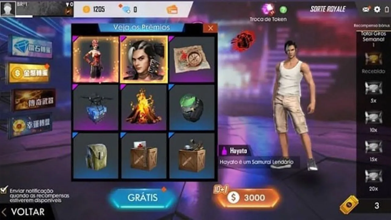 Personagem Hayato pode aparecer no Sorte Royale de Ouro no Free Fire