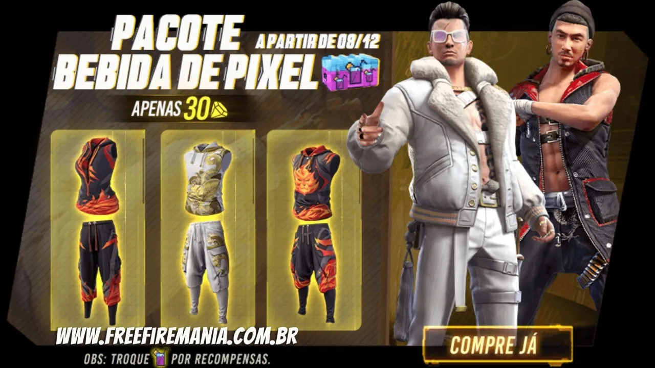 Pacote Bebida de Pixel chega ao Free Fire; Conjuntos Ira do Dragão e Rebelde Urbano disponível