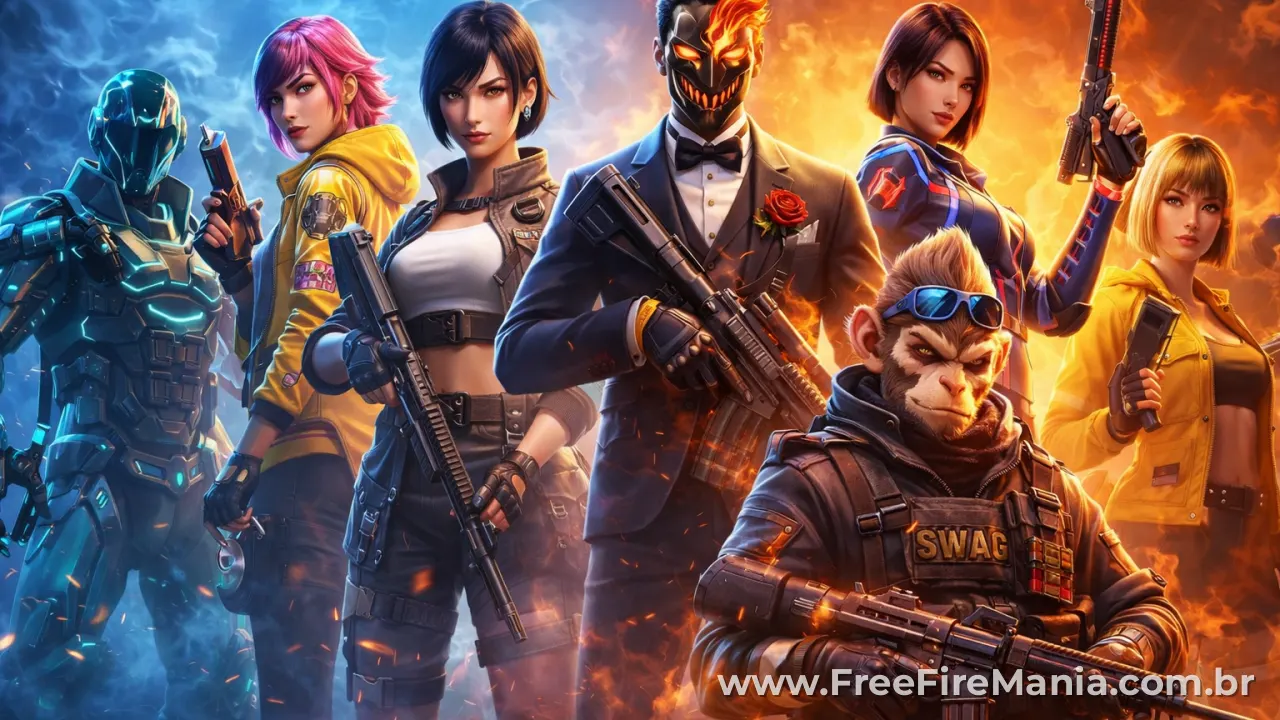Personagens do Free Fire reunidos com diferentes habilidades e estilos de jogo