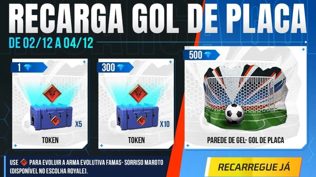 Recarga Free Fire: 2 de dezembro (2022); diamantes por Gel Gol de Placa