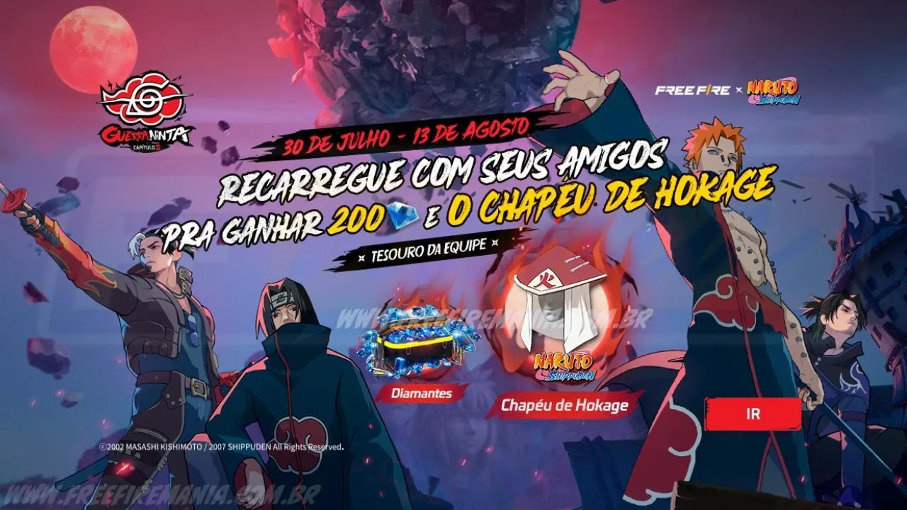 Recarga Free Fire: ganhe Chapéu - Hokage ao comprar diamantes em 30 de julho (2025)