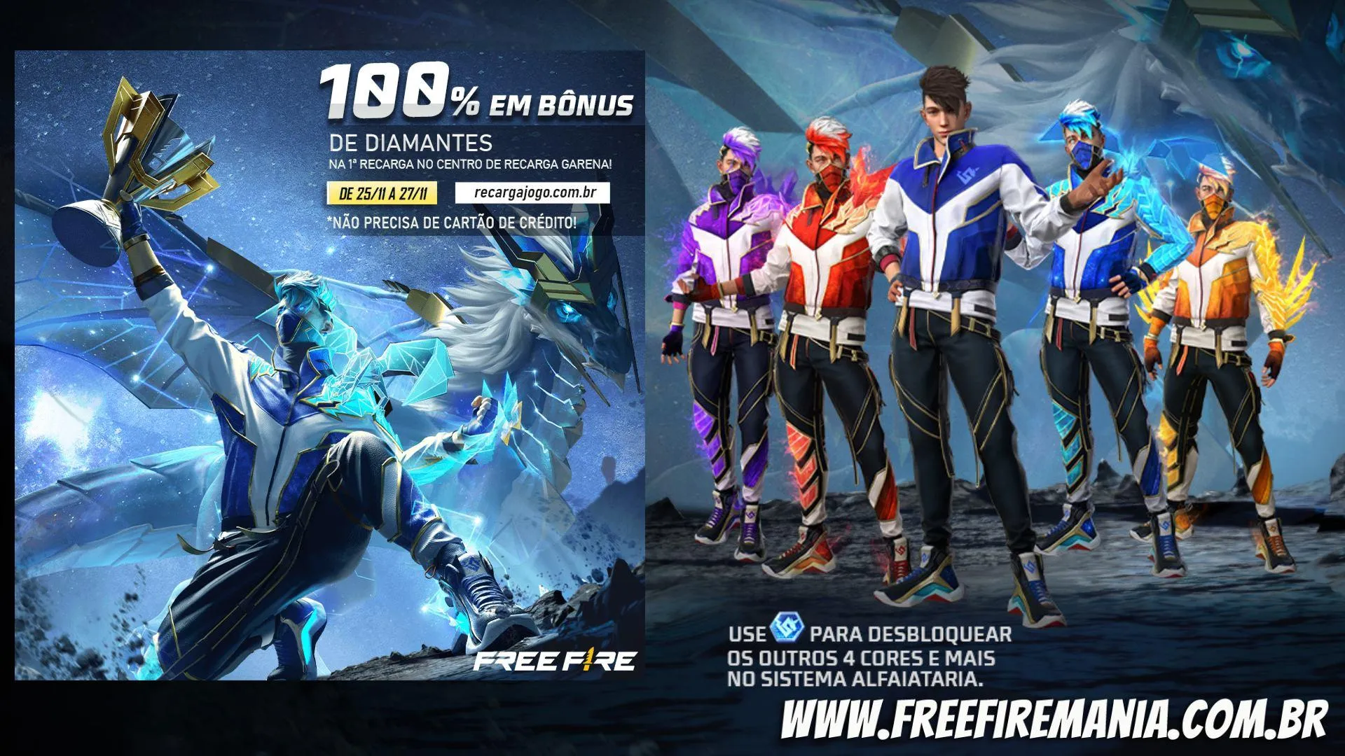 Recarga Free Fire com 100% de bônus na compra de diamantes em novembro (2022)
