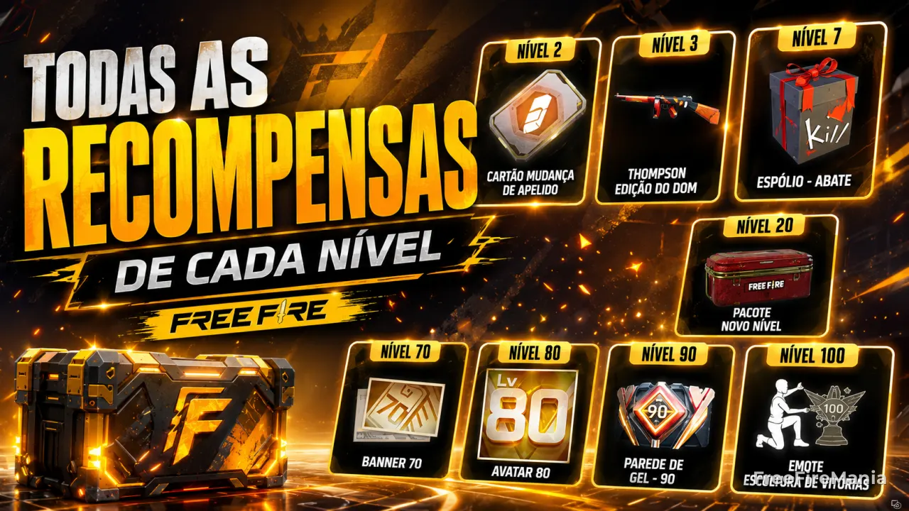 Recompensas de nível no Free Fire incluem banner, avatar, Parede de Gel e emote.