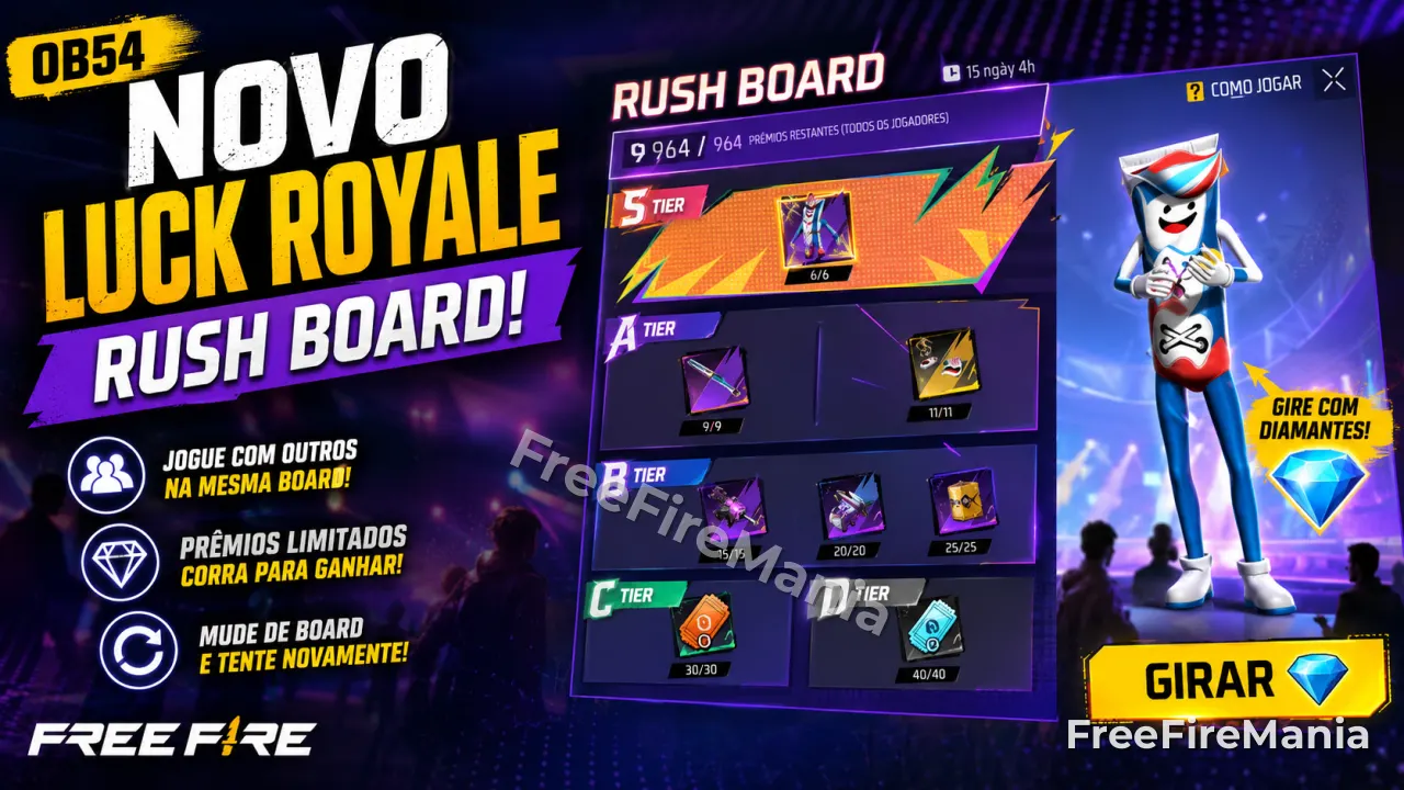 Free Fire OB54 terá novo Luck Royale Rush Board com skin Creme Dental