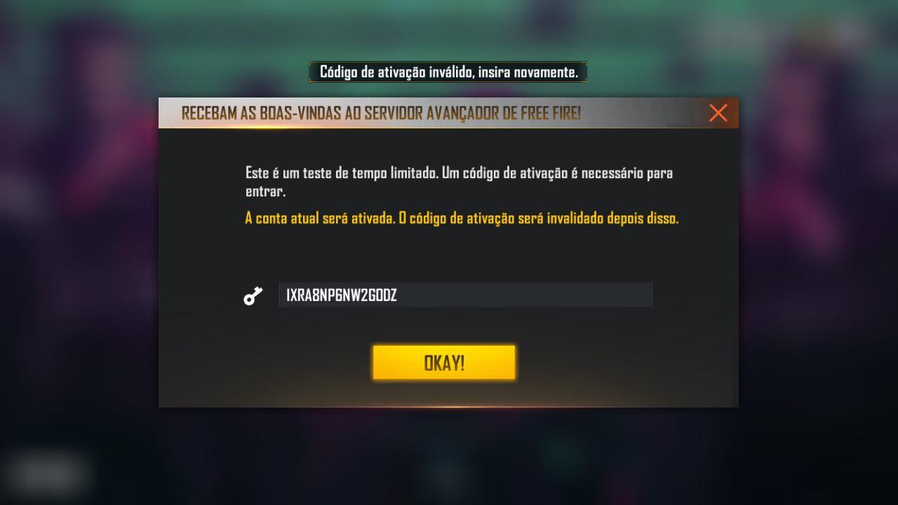 Free Fire Servidor Avanzado: error de código de activación no válido después de la descarga de apk