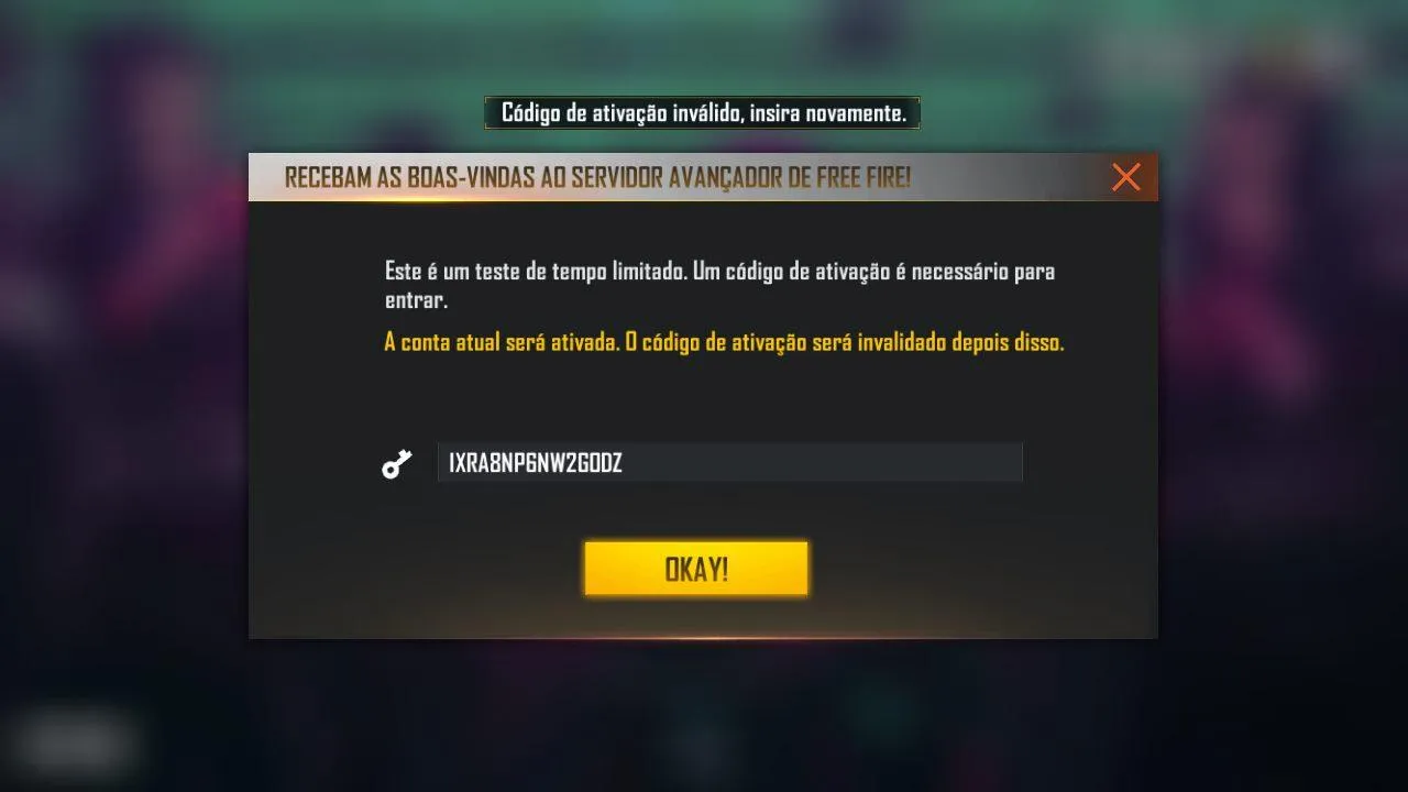 Servidor Avançado Free Fire: erro código de ativação inválido após download do APK