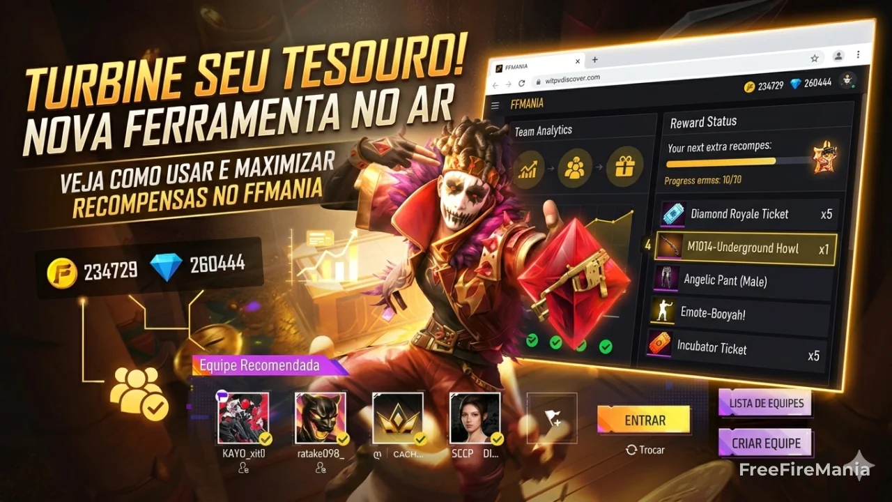 Evento Tesouro da Equipe no Free Fire com recompensas extras por recarga em grupo