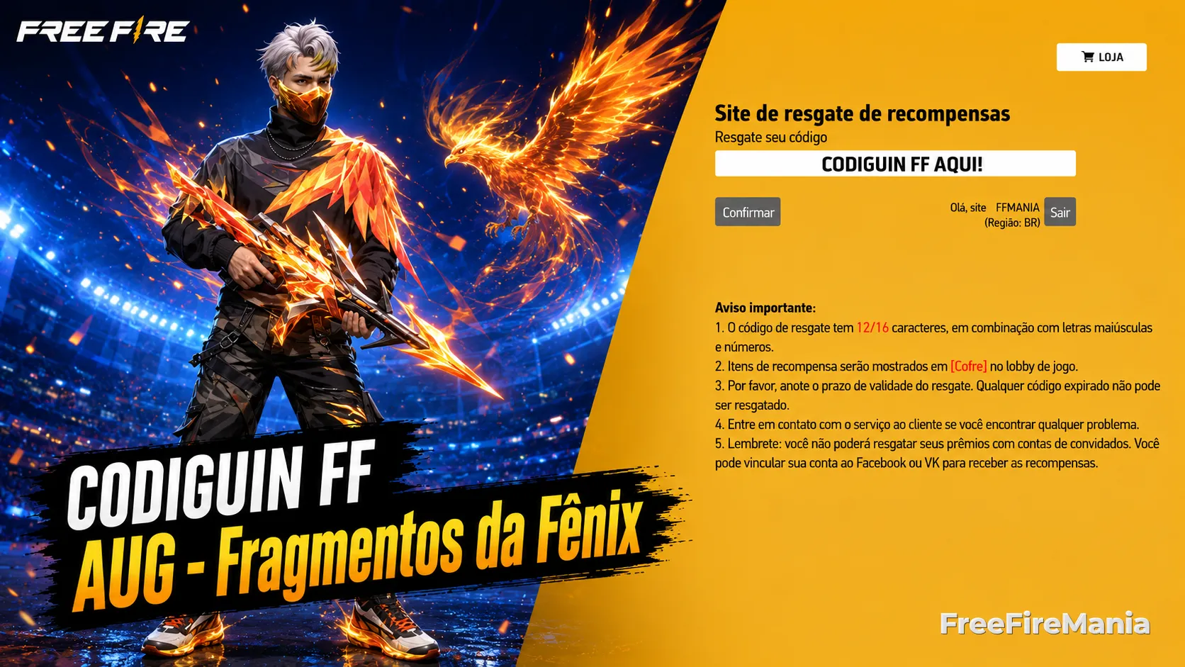 AUG - Fragmentos da Fênix - Codiguin disponível na lista de Codiguin FF 2026